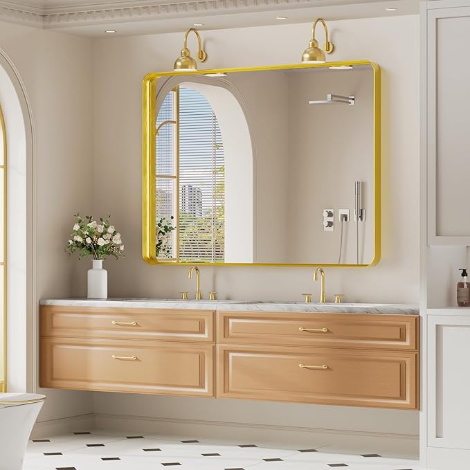 Koonmi Gold Bathroom Mirror for Wall, 36x48 Inch Matte Metal Deep Framed Rounded Corner Wall Mirror, Shatterproof Tempered Glass for Farmhouse Bedroom Entryway, Vertically or Horizontally