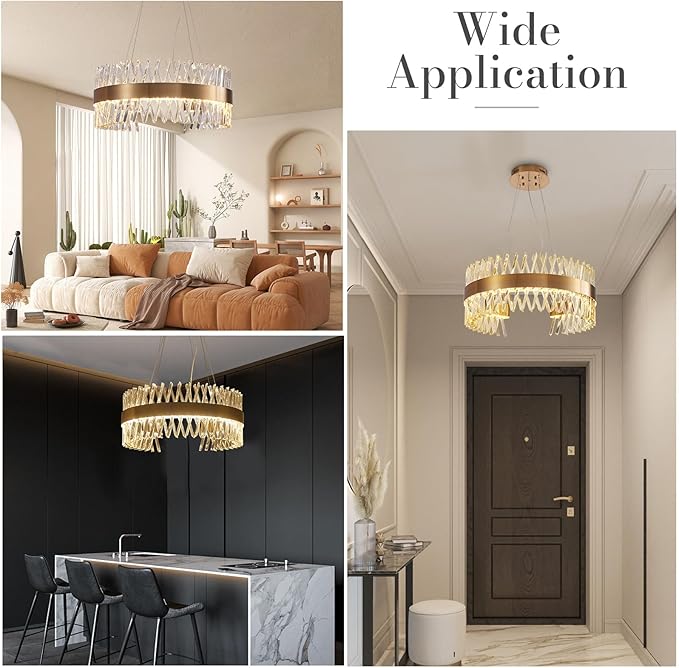 24" Modern Gold Crystal Chandeliers, Round Flush Mount Brass Crystal Lamp for Dining Room Living Room Kitchen Foyer K9 Clear Crystals,60W Led Dimmable 3000K