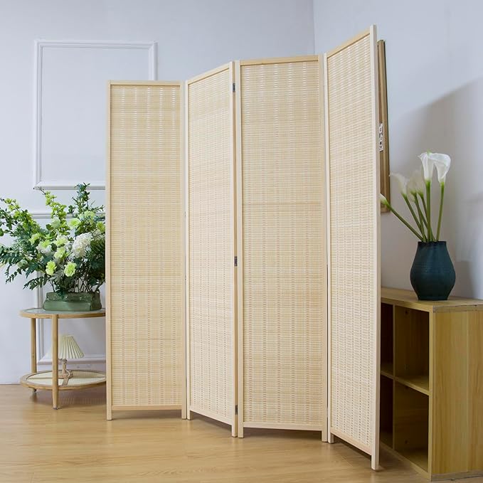 4 Panel Room Divider Screen, 5.6 FT Tall Bamboo Folding Privacy Screen, Freestanding Room Separator, Beige