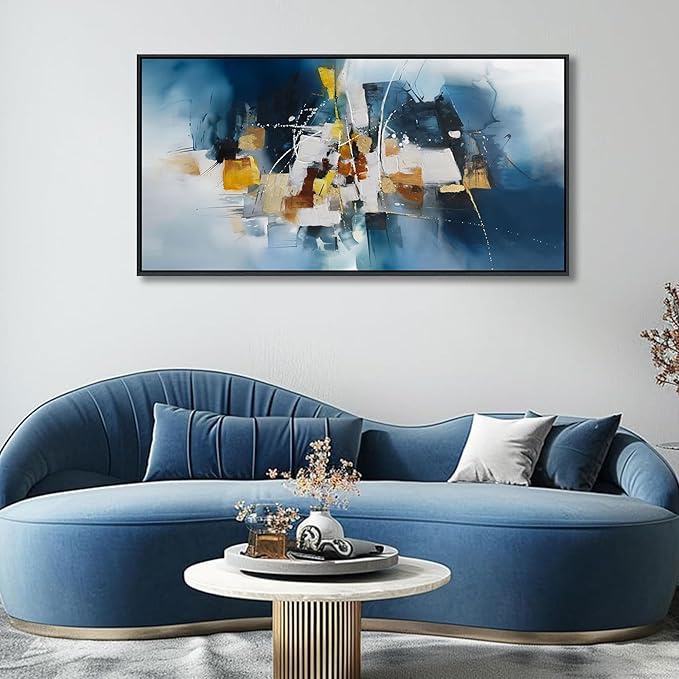 Abstract Canvas Wall Art Navy Blue Wall Art for Living Room Framed Modern Artwork for Walls, Above Bed Wall Decor Navy and Gold for Bedroom and Living Room Office Pictures Wall Decor 20×40IN