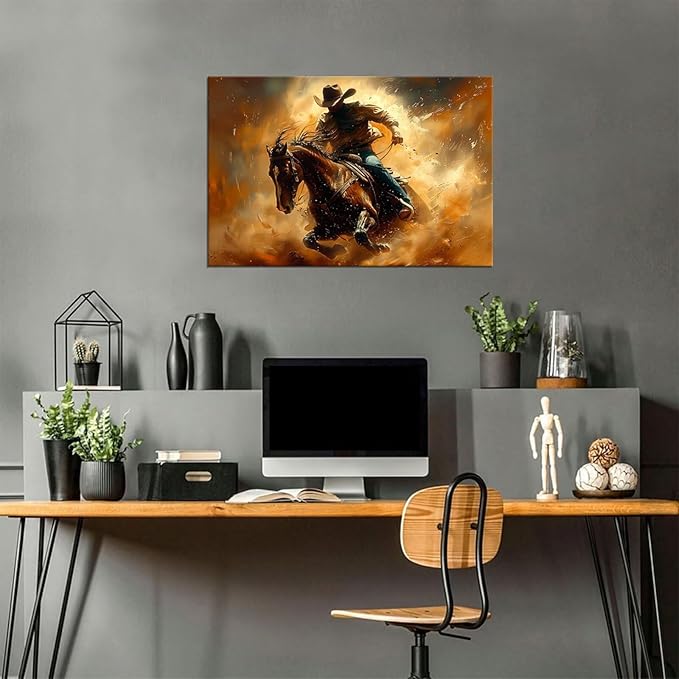 Cowboy Wall Decor for Bedroom Living Room Office Home Decoration Prints Desert Southwestern Pictures Vintage Western Artwork Painting Framed(12L x 16W)