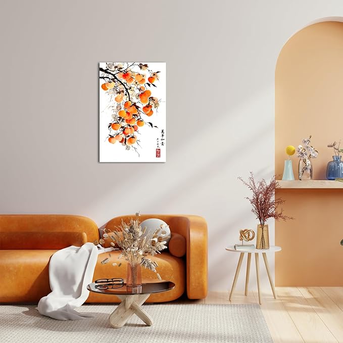 Canvbay Asian Wall Art Traditional Chinese Ink Style with 'May everything go as you wish' Quote Canvas Prints Persimmon on Branch Painting Pictures Oriental Poster for Home Decor Office 8x12inch