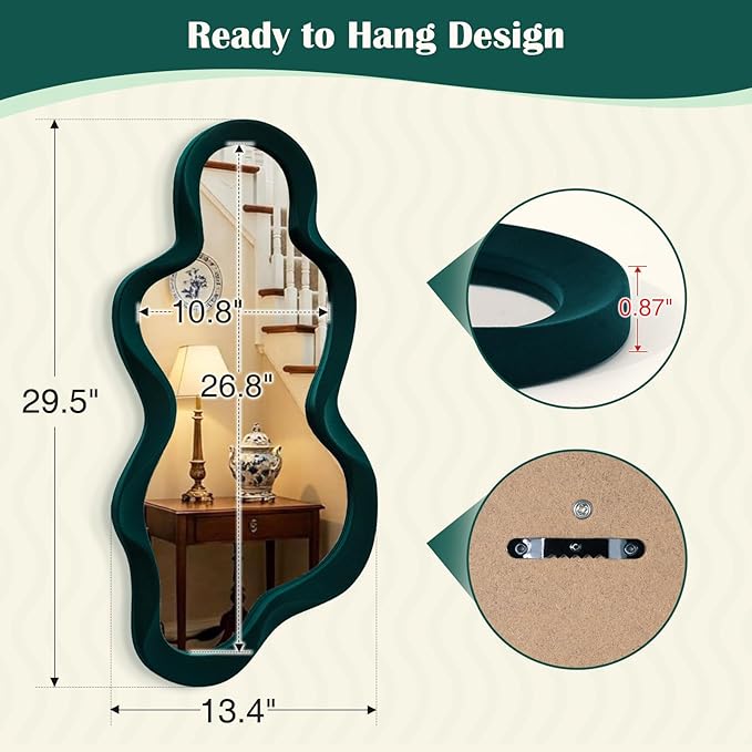 13.8x29.7 Big Decorative Mirror for Girly Bedroom Dresser Decor, Abstract Wavy Wall Mirrors for Home Book Coffee Shop Hotel Decoration, Unique Gift for Birthday Thanksgiving (Dark Green)