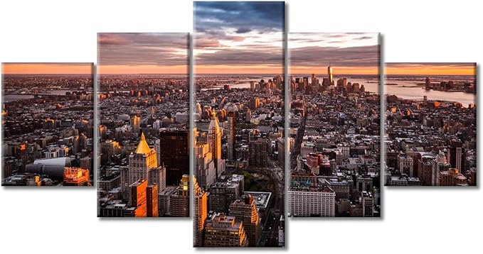American Cityscape Home Decor Manhattan Skyline Wall Art Posters and Prints Bedroom 5 Pieces City Sunset Panorama Pictures Wall Decor Living Room Giclee Print Gallery Packaging Artwork (60"Wx32"H)
