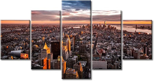 American Cityscape Home Decor Manhattan Skyline Wall Art Posters and Prints Bedroom 5 Pieces City Sunset Panorama Pictures Wall Decor Living Room Giclee Print Gallery Packaging Artwork (60"Wx32"H)