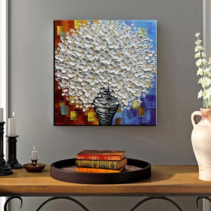 3D White Flower Bouquet Canvas Wall Art, Modern Textured Painting, Colorful Abstract Background, 30x30 inches
