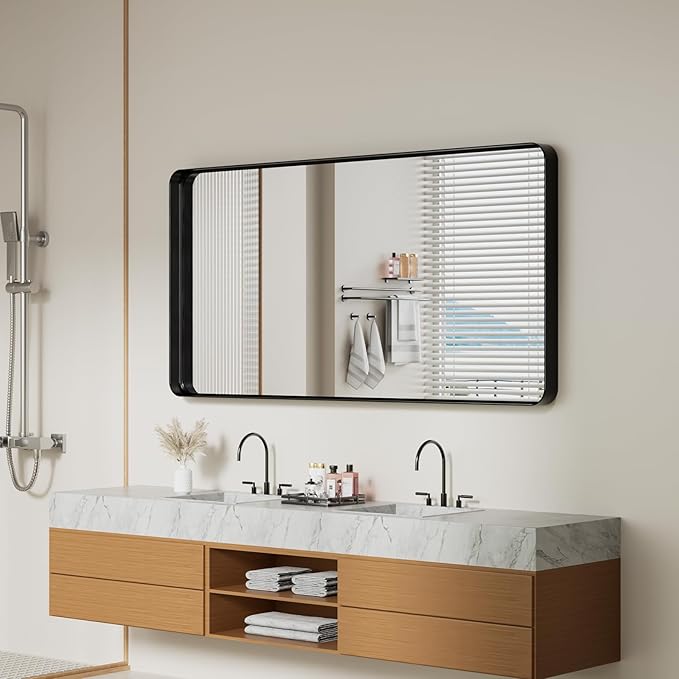 Koonmi Black Bathroom Mirror for Wall, 30x60 Inch Matte Metal Deep Framed Rounded Corner Wall Mirror, Shatterproof Tempered Glass for Farmhouse Bedroom Entryway, Vertically or Horizontally