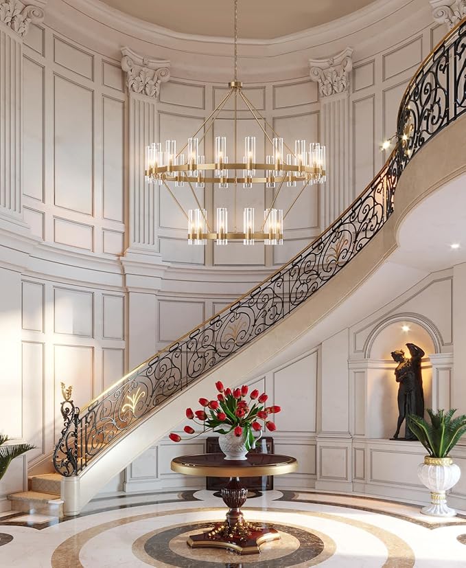 Large Wagon Wheel Chandelier, 30 Light Gold Round Chandelier with Glass Shade,60 Inch Round Industrial High Ceilings Pendant Lighting Fixture for Dining Living Room, Kitchen Island, Foyer