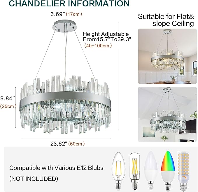 24'' Modern Chrome Crystal Chandeliers for Dining Room,2 Tiers 12 Lights Raindrop Round Chandelier Adjustable Height,Luxury Dimmable Pendant Ceiling Light for Living Room Kitchen Island Foyer