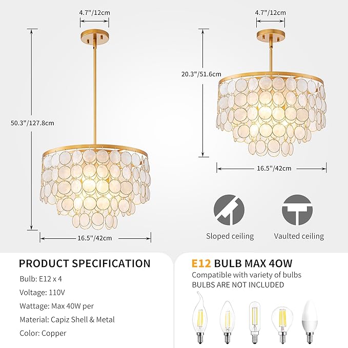 4-Lights Capiz Shell Chandelier, Coastal Design Pendant Light Fixture, for Kitchen, Dining Room, Bedroom, Gold Finish, D16.5 * H20~50 Inch Adjustable Height