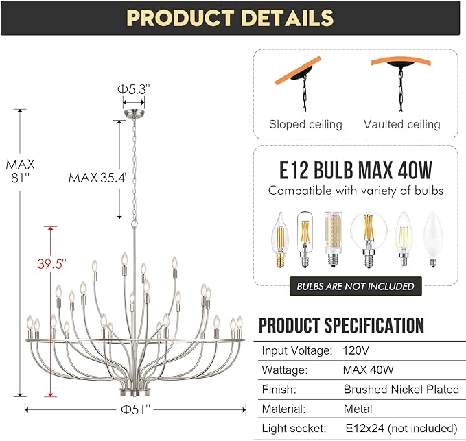 24 Light Brushed Nickel Chandelier 51'' Large Candle Chandeliers for High Ceiling Foyer Modern Classic Chandelier Light Fixture for Large Living Room Dining Room Stairs Entry Restaurant Hotel