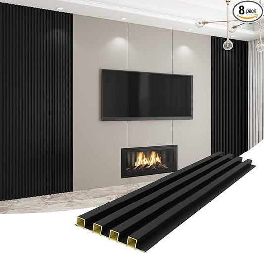 8-Pack WPC Wall Panels 118’’ x 6.1’’ 3D Slat Wall Panel Acoustic Wall Paneling for Interior Wall Decor TV Background Kitchen Bedroom Black