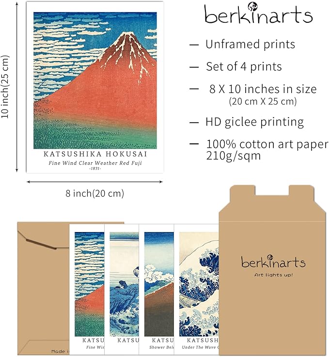 Berkin Arts Wall Art Unframed Prints Giclee Art Paper Set of 4, 8x10 inch Japanese Ukiyo-e Artwork, Home Decoration The Great Wave off Kanagawa Mount Fuji Nature Landscape Katsushika Hokusai Painting