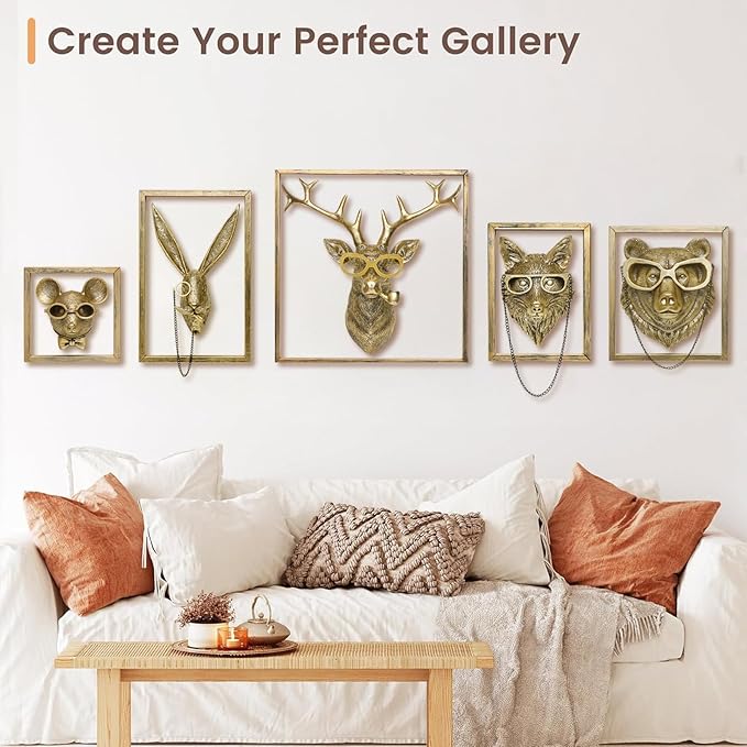 Newinhome 5 Pack Animal Heads Wall Decoration (Gift Metal Frame) Resin Animals Sculptures Head Wall Hanging Decor Gold vintage Wall Sculpture for Living Room Bedroom Office