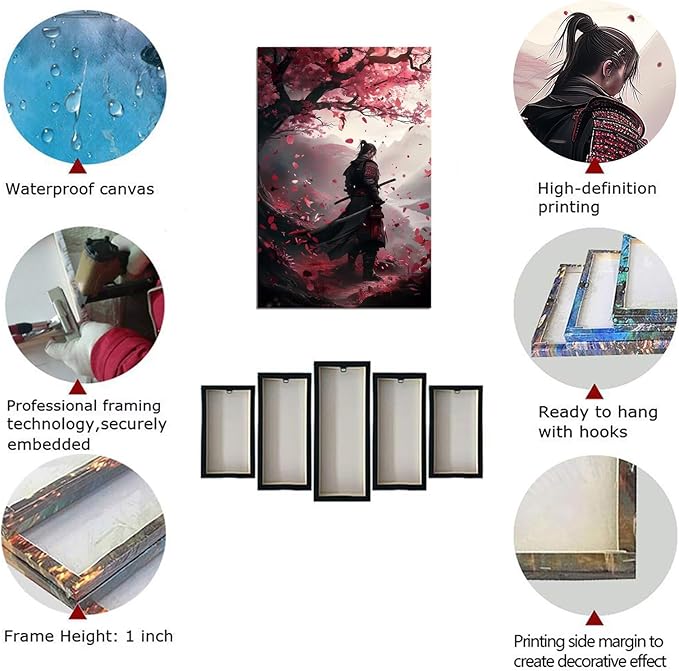 Japanese Samurai Wall Art Japan Warrior Plum Painting Canvas Prints Black and Red Picture Modern Watercolor Painting for Bedroom Living Room Office Home Decoration Framed (12''W x 16''H)