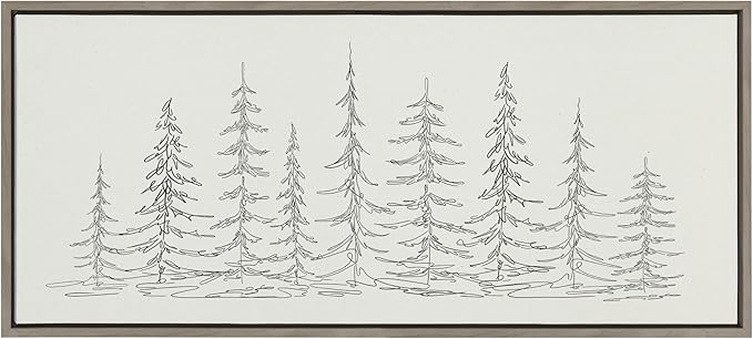 Kate and Laurel Sylvie Minimalist Evergreen Trees Sketch BW Framed Canvas Wall Art by The Creative Bunch Studio, 18x40 Gray, Minimal Christmas Tree Art for Wall
