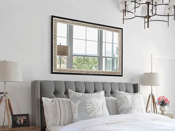 Large Vintage Wall Mirror for Vanity, 40"x28", Black Antique Mirror with Silver Foil Flower Petal Carvings Wooden Frame for Living Room, Entryway, Bathroom and Bedroom