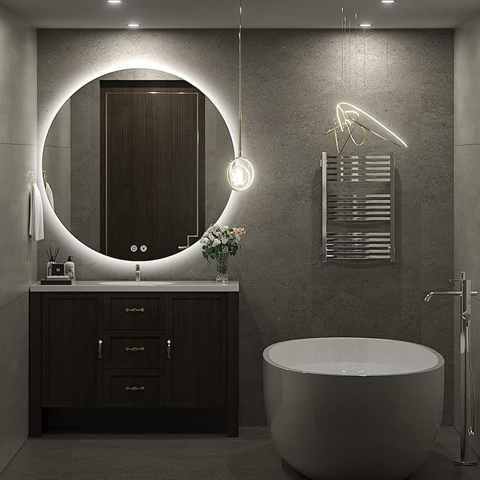 40 Inch Round LED Bathroom Mirror - 6000K Daylight Backlit, Anti-Fog & Dimmable, Frameless Waterproof Mirror with Touch Control, CRI90+, IP54 for Vanity & Makeup