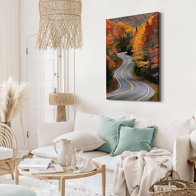 Large Forest Wall Art Autumn Mountain Pictures Wall Decor for Living Room Farmhouse Country Road Landscape Canvas Prints Nature Red Orange Woodland Artwork for Kitchen Office Home Decoration 24x36"