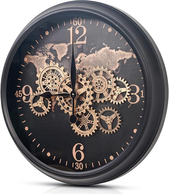 CLXEAST 24 Inch Moving Gear Wall Clock with World Map Pattern,Large Black Gold Metal Wall Clock for Modern Farmhouse Living Room Decor,Reloj De Pared para Sala