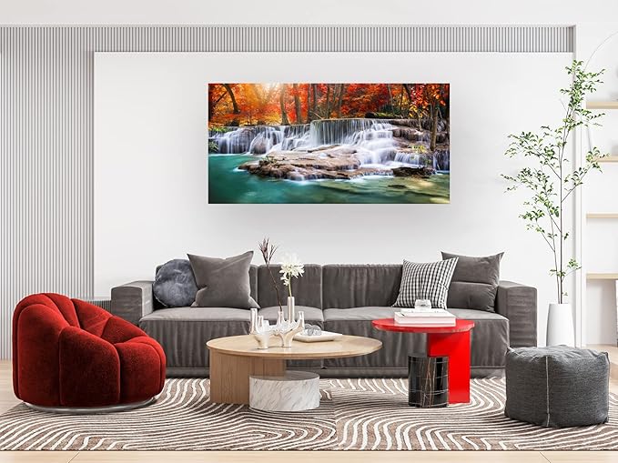 Aibonnly Wall Art Canvas Painting Red Forest Waterfalls 1 Piece Modern Landscape Tree Picture Poster Print Framed and Stretched Ready to Hang for Living Room Bedroom Kitchen Office Home Decor