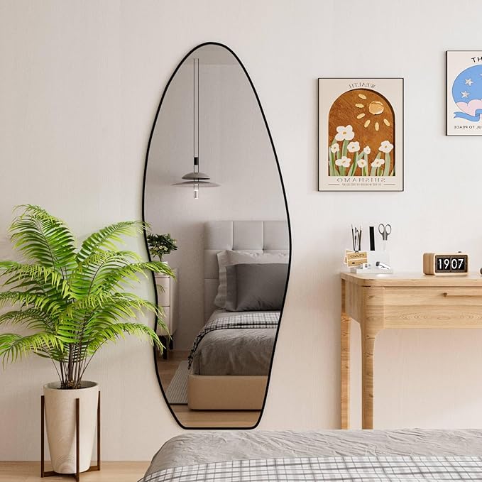 63" X 24" Full Length Mirror Full Body Wavy Mirror Aluminum Alloy Frame Large Wall-Mounted Dressing Hanging or Leaning Against Irregular Wall Mirrors for Living Room Bedroom (Black, 63"x 24")