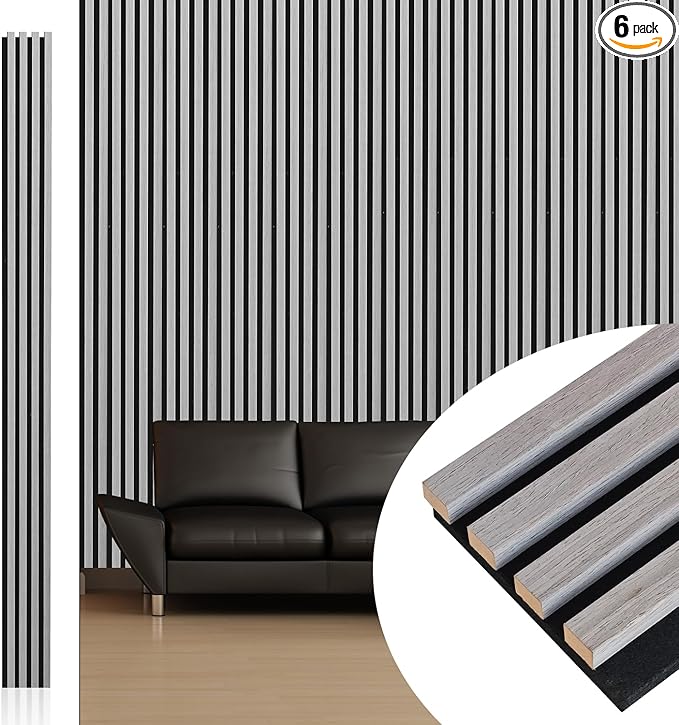 NeatiEase Wood Wall Panels, 9 Feet Acoustic Slat Wall Panels for Interior Wall Decor and Noise Reduction, Decorative Slat Wall Paneling, Gray Oak, 6-Piece