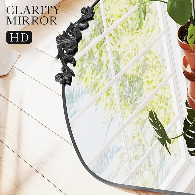 MISSDAY Vintage Matte Black Baroque Mirror for Wall, 36"X30" Arched Antique Wall Mirror with Elegant Carving Top, Full Metal Frame Wall-Mounted Mirror for Bathroom, Living Room, Fireplace, Entryway