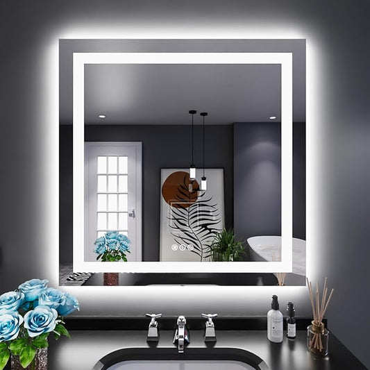 LOAAO 38"X38" LED Bathroom Mirror with Lights, Anti-Fog, Dimmable, Backlit + Front Lit, Lighted Bathroom Vanity Mirror for Wall, Memory Function, Tempered Glass, Shatter-Proof, ETL Listed