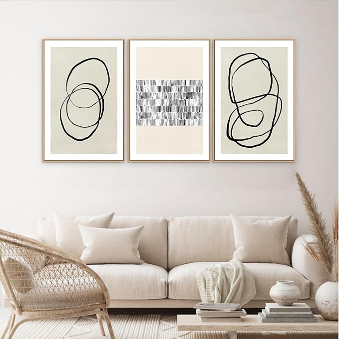 Abstract Boho Wall Art Set - Modern Boho Geometric Framed Canvas Prints, Neutral Mid-Century Graffiti Inspired Decorative Wall Decor for Living Room, Bedroom, Office - 16"x24"x3