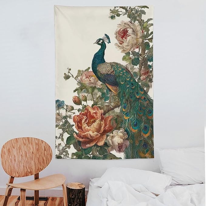 UUKXKUU Peacock Oriental Retro Blooming Flowers Tree Tapestry Wall Decor Large Wall Art Backdrop Flag Hanging for Bedroom Living Room Dorm Office 60"×90"