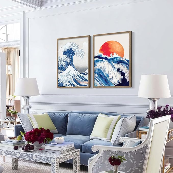 2Pcs Framed Canvas Wall Art Japanese Wave and Red Sun Poster Prints Hokusai Inspired Ocean Picture Traditional Ukiyo-e Gallery Decor Living Room Bedroom Office Apartment 16X24 Inch Ready to Hang