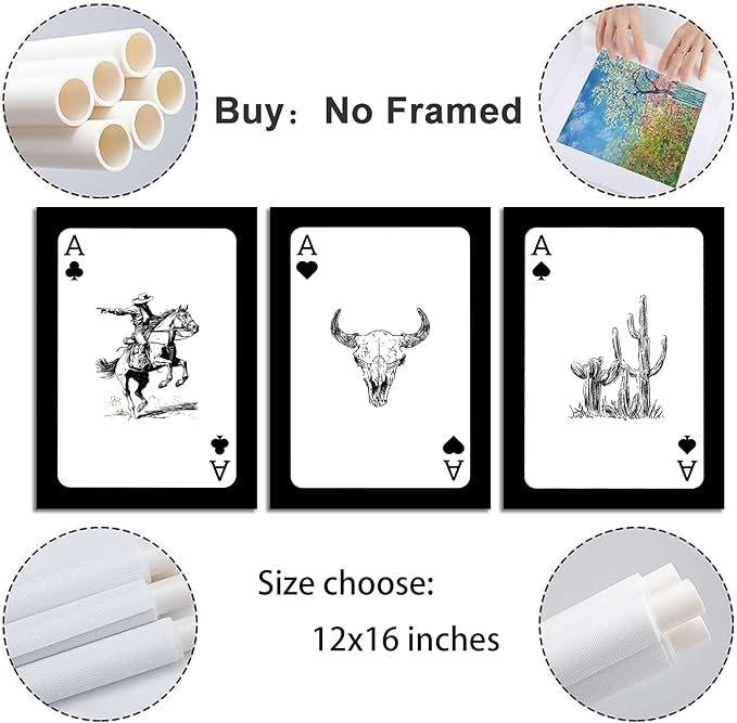 3Pcs Western Cowboy Wall Art Rustic Southwestern Style Poster Printing Vintage Western Poker Ace Paintings Cowboy Horse Bull Skull Cactus Pictures for Bedroom Living Room Bathroom 12x16in Unframed