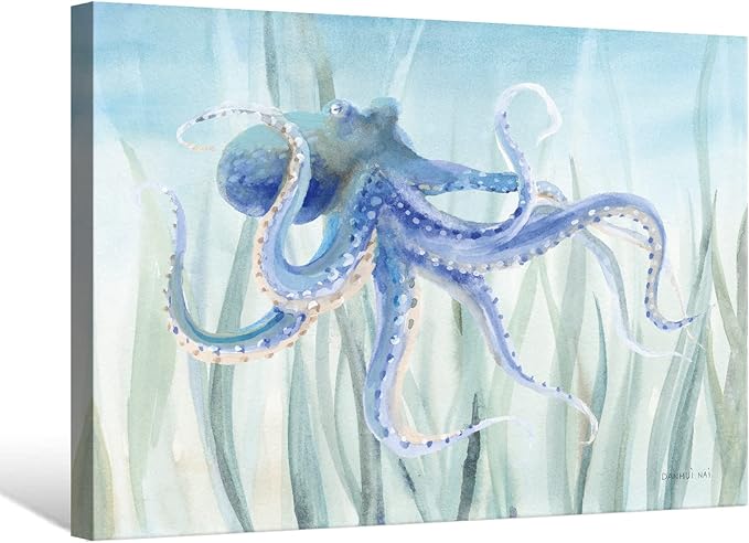 Ocean Wall Decor Under The Sea Blue Octopus Canvas Wall Art for Bathroom Coastal Decor for Home Nautical Prints for Bedroom Bathroom Livingroom16x12Inch