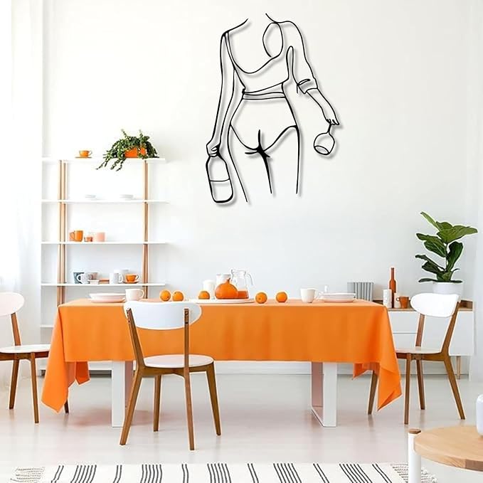 Metal Wall Art Woman Drinking Wine, Modern Minimalist Abstract Line Sculpture, Feminine Wall Decor for Living Room, Dining Room, Bar, Kitchen, Perfect Wine Lover Birthday Housewarming Gift – Black 23.6"x16.9"