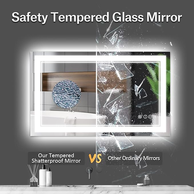 44 x 32 Inch LED Bathroom Mirror, Front Light and Backlit Lighted Vanity Mirror, Anti-Fog, Dimmable Memory, Shatterproof, Wall-Mounted