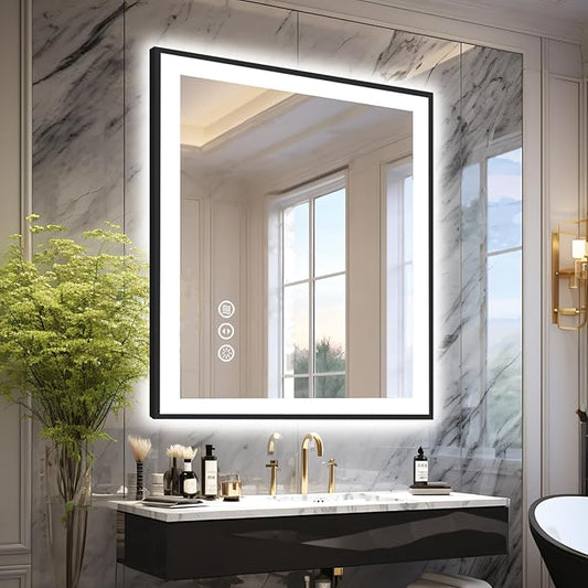 32x36 LED Mirror for Bathroom, Black Metal Framed, Vanity Mirror with Lights, 3 Color Modes, Dimmable CRI90+, Double Lights, Anti-Fog, Shatter-Proof, Waterproof, Memory (Horizontal/Vertical)