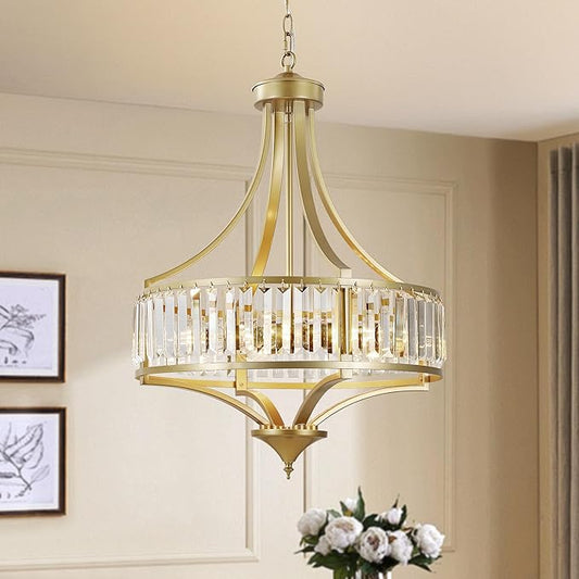 20" Modern Crystal Chandelier, 5-Light Gold Dinning Room Light Fixtures Over Table, Hanging Round Pendant Chandelier for Kitchen Island Entryway Bedroom Office Bathroom Stairwell