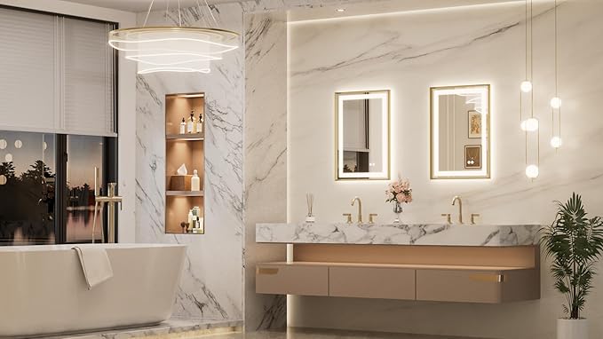 Keonjinn 20 x 28 Inch Gold LED Bathroom Vanity Mirror, Frontlit & Backlit Lighted Bathroom Mirrors, UL Listed LED Driver, Tempered Glass, Beveled Framed, 3000K/4500K/6000K, Anit-Fog, Dimmable