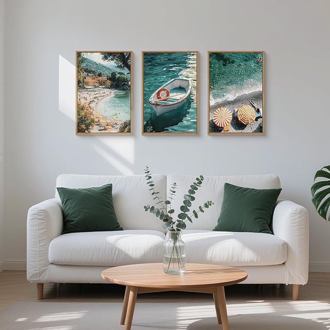 Aryroi Mediterranean Coastal Ocean Framed Canvas Wall Art Set, Natural Blue Green Beach Scenery Wall Decor,Modern Summer Sea Boat Umbrella Artwork for Living Room, Bedroom,Farmhouse- 16"x24"x3