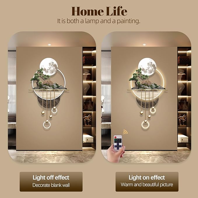 3D Art Wall Decor with Light, Decor Wall Sculptures Large 3D Art, Modern Home Decor Landscape Wall Sculpture, Plug-in Power Supply, Gold A, 23x49IN