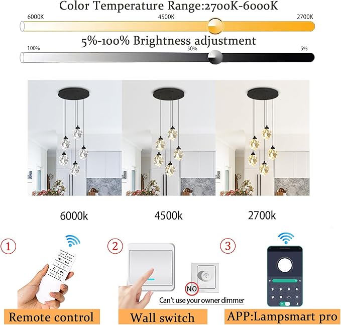 5-Light Cluster Crystal Raindrop Pendant Lights- 25W Black LED Dimmable Hanging Light Fixture Chandelier for Kitchen Island, Dining Room Living Room