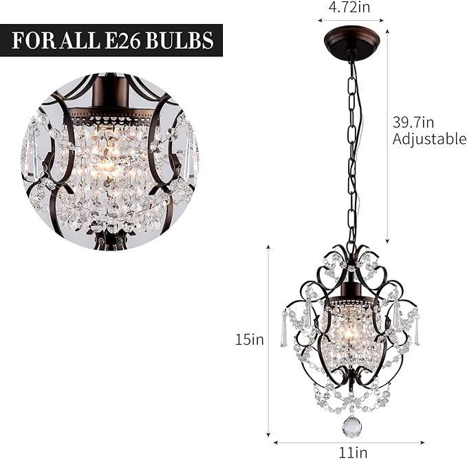 Modern Mini Crystal Chandelier,Iron Bronze Crystal Light Fixtures Ceiling Mount 1 Light Small Chandeliers for Bedroom Elegant Hanging Lighting for Girls Room Dining Room Closet Kitchen Island