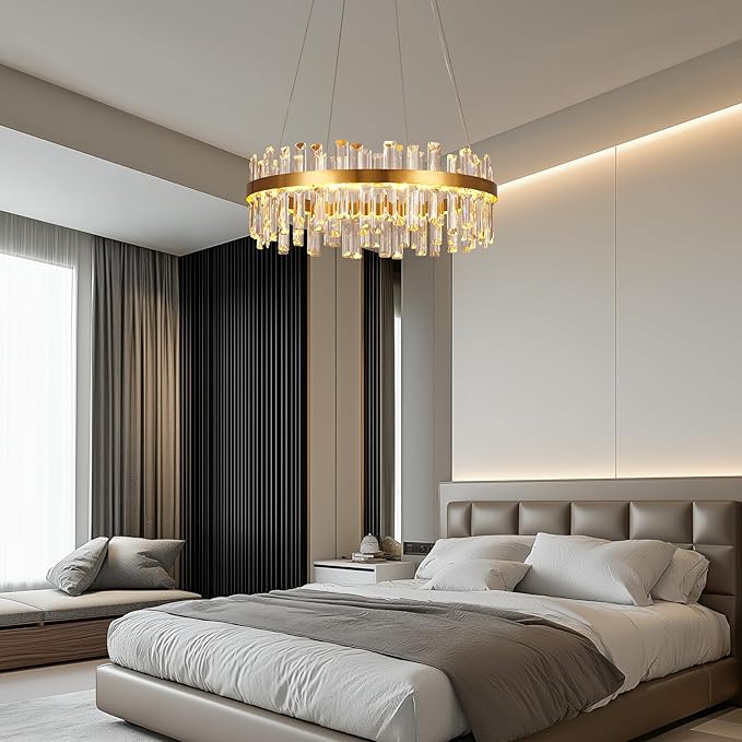 Modern Gold Crystal Led Chandelier: 23.6" Round 3 Color Dimmable K9 Luxury Crystals Chandeliers for Dining Room Lights over Table - Elegant Contemporary Living Room Bedroom Kitchen Light with Remote