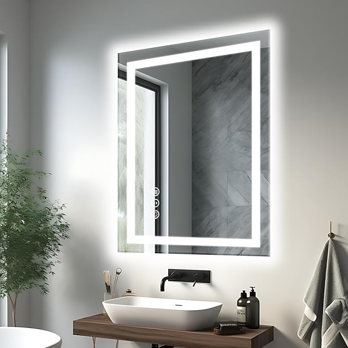 24"x36" LED Bathroom Mirrors for Wall, Front and Backlit, Anti-Fog Vanity Mirror with Lights, Stepless Dimmable Lighted, 3 Colors Smart Mirror (Horizontal/Vertical)