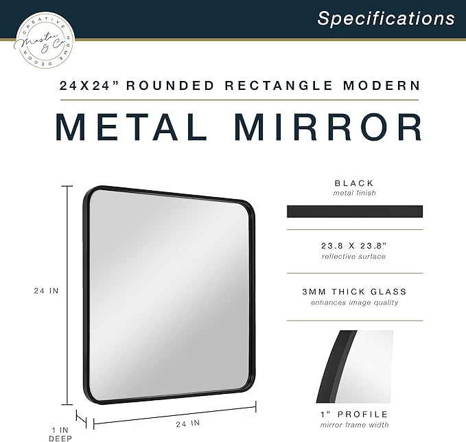MCS Master & Co. Modern Metal Large Wall Mirror, Minimalist Home Decor Square Mirror with Rounded Corners for Living Room, Bedroom, or Bathroom, Black, 24 x 24 in
