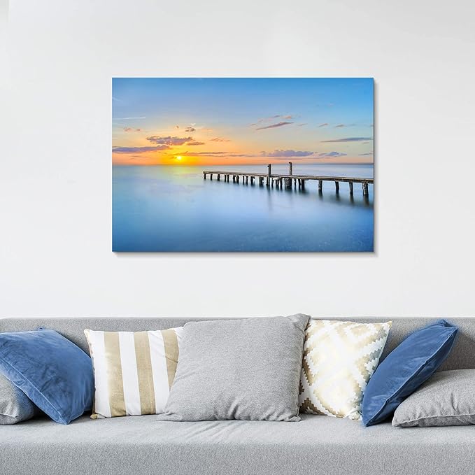 Ocean Canvas Wall Art Bathroom: Sea Sunset Picture Seascape Scene Dock Print Artwork Beach Coastal Pier Painting for Living Room Home Decorations 36 x 24 Inch