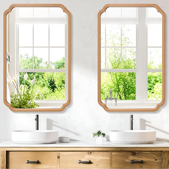 30"x48" Wood Bathroom Mirror for Wall, Large Wood Bathroom Vanity Mirror, Rounded Rectangle Mirror in Wooden Frame Hangs Horizontal Or Vertical