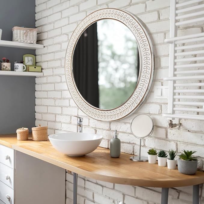 26 inch Round Mirrors for Wall Wood Circle Mirror with Carved Frame Rustic Accent Distressed Decorative for Living Room Bedroom Vanity Entryway Hallway Bathroom - White