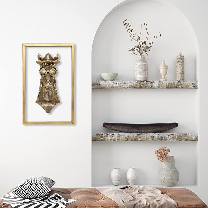 Animal Heads Wall Decor (Includes Metal Frame) Resin Animals Sculptures Head Wall Hanging Decoration Gold vintage Wall Sculpture for Living Room Bedroom Office(Horse)